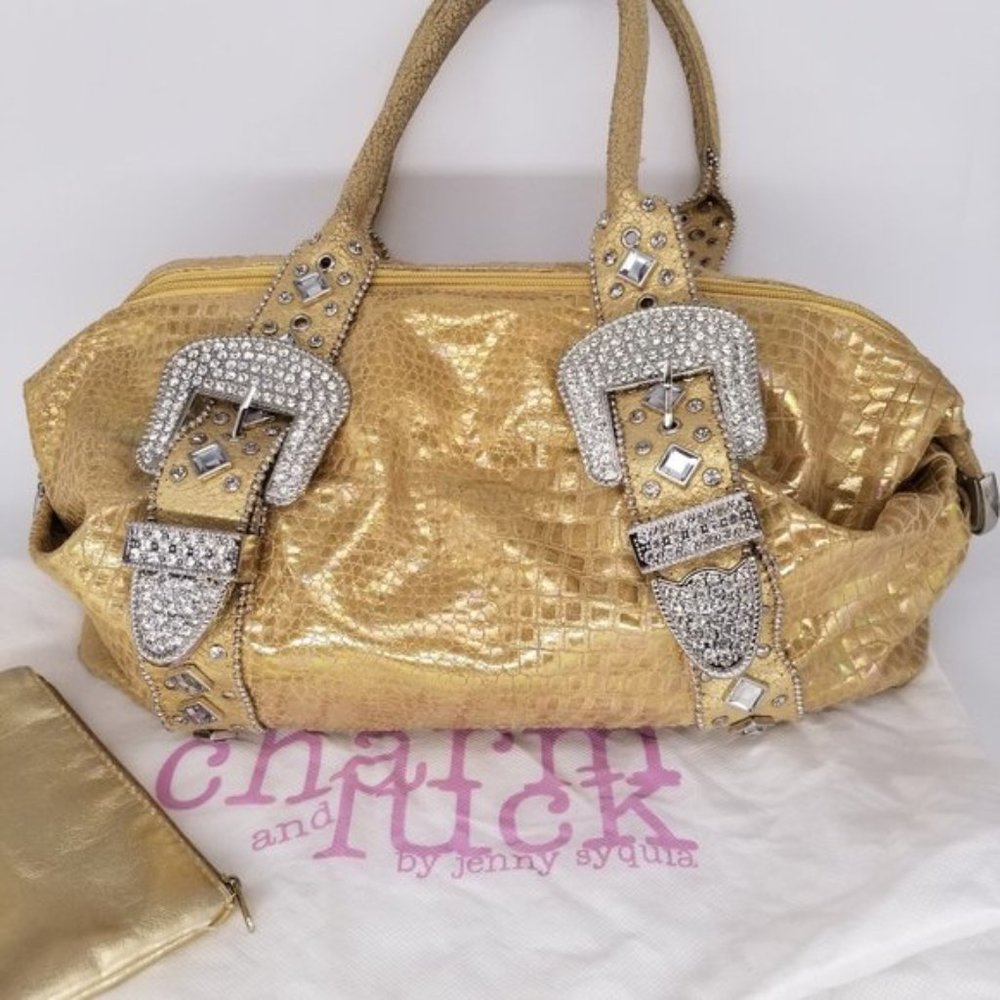 CHARM & LUCK LEATHER GOLD CRYSTAL JEWELED HANDBAG - Picture 7 of 11